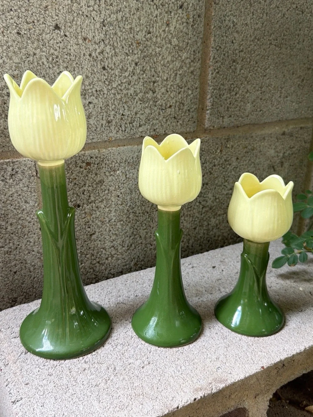 Vintage Yellow Tulip Ceramic Candle Holders with Green Stems - Set of 3